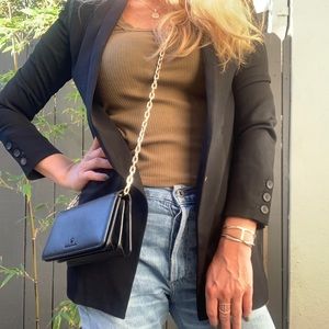 Helmut Lang Long Black Blazer Leather Trim Shoulder Accents